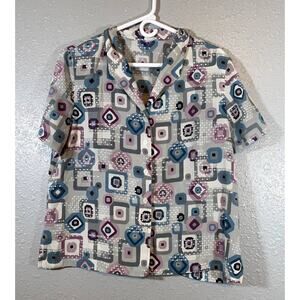 Womens Large Short Sleeve Blouse Shirt Top Tee Collared Geometric y2k Retro